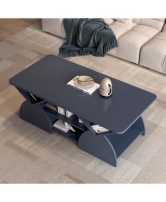 Engineered Wood Rounded Corner Rectangular Coffee Table with Shelves