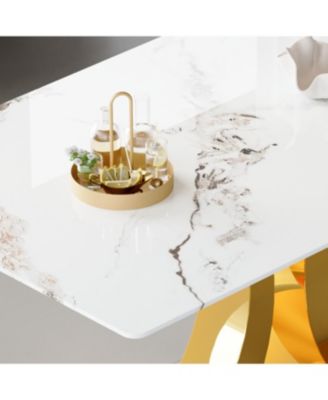 Marble-Veined Glass Dining Set w/ Gold Accents: 63" Table & 6 U-Shaped Armchairs