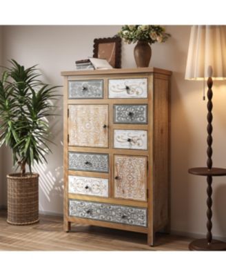 Vintage Tall Wooden Accent Cabinet with 6 Drawers & 2 Doors