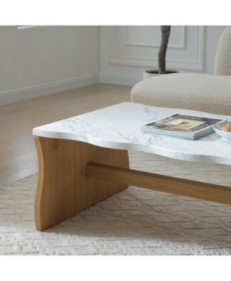 Whisper of Waves Modern Coffee Table, Marble & Solid Wood Base