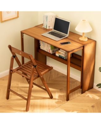 Bamboo Folding Desk - Space-Saving Computer Desk for Small Spaces (Brown)