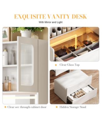 3-in-1 Vanity Table with LED Mirror and Storage Stool