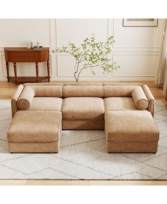 Elegant Camel Chenille U-Shaped Sofa with Storage and Ottoman