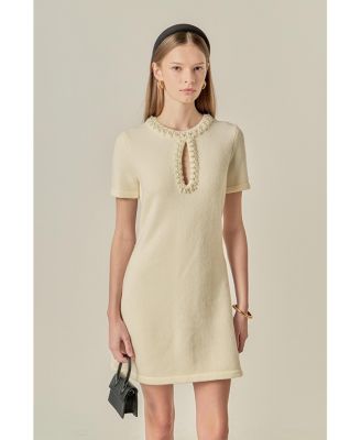Women's Pearl & Rhinestone Key Hole Knit Mini Dress
