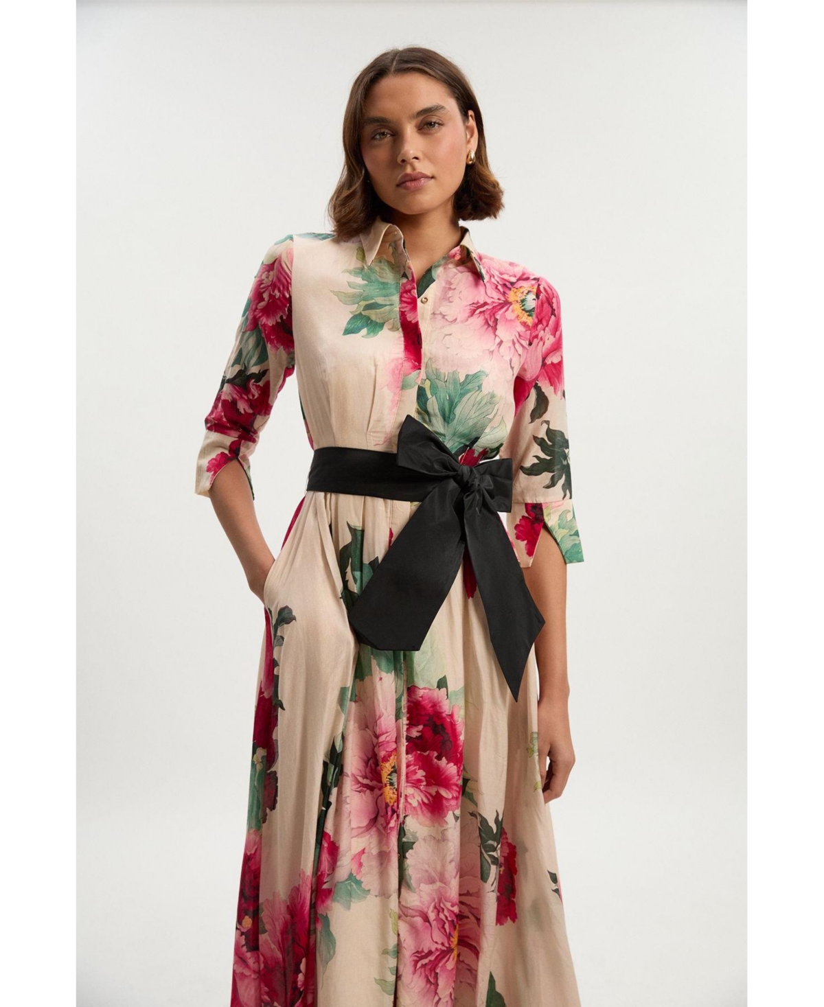 Karen Millen Women's Floral Woven Belted Maxi Shirt Dress