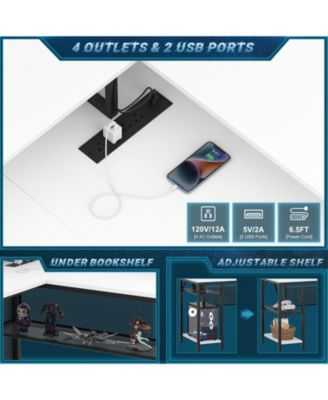 L Shaped Computer Desk with Power Outlets, 55 Inch Corner Desk with LED Lights, Monitor Stand and Shelves, Reversible