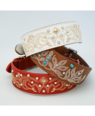 Western Style Full Grain Genuine Leather Embroidered Dog Collar with Pearl or Turquoise Studs