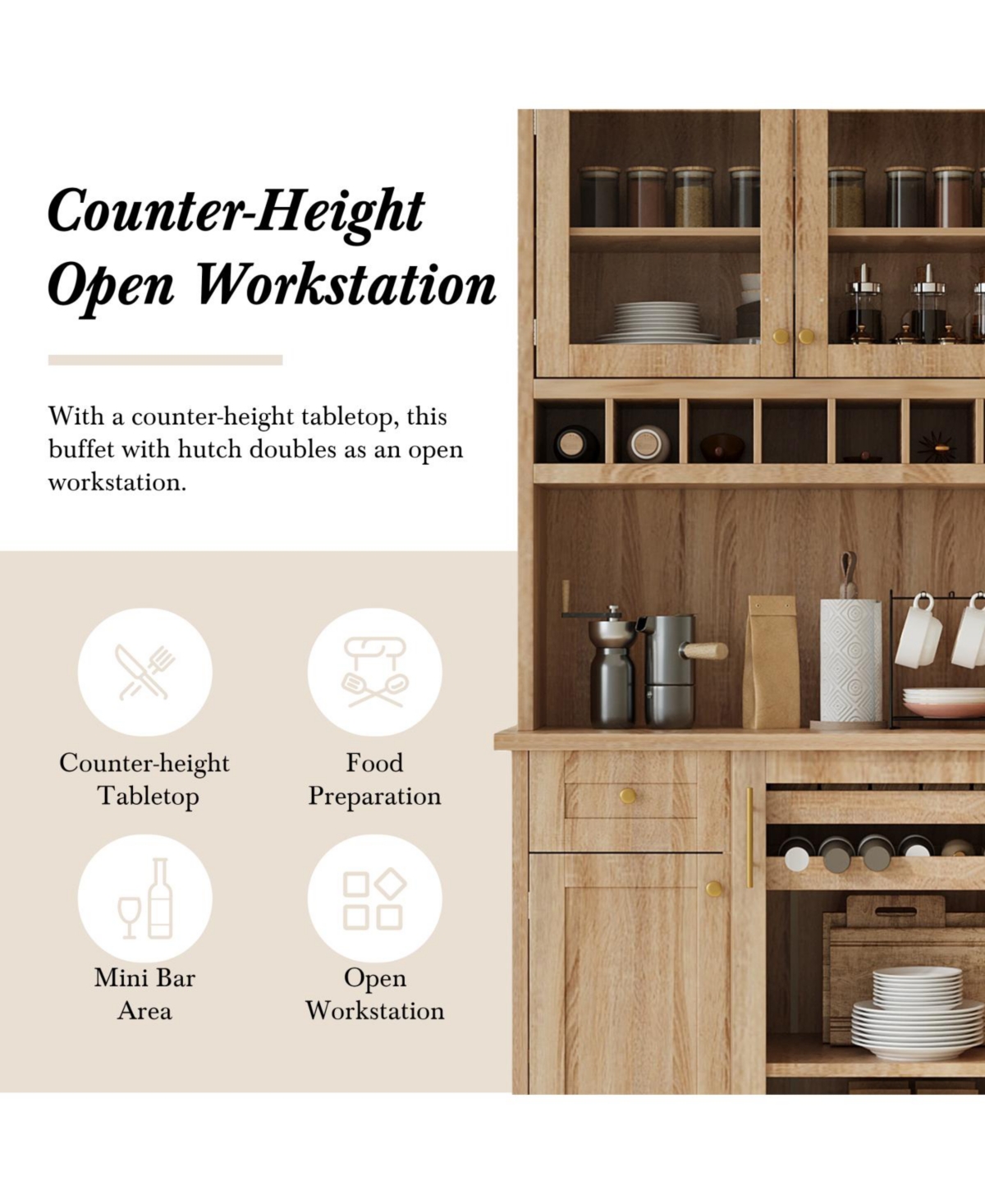 Streamdale Furniture Farmhouse Buffet with Hutch - Kitchen Pantry Storage Cabinet with Wine Rack