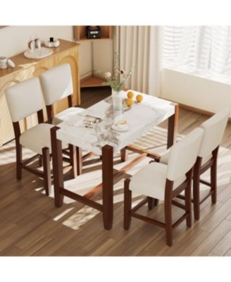 5-Piece Counter Height Dining Set for 4, Faux Marble Bar Table & 4 Upholstered Chairs