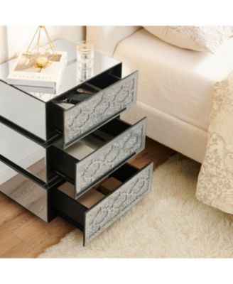 Mirrored Bedside Nightstand with 3 Drawers, Silver Accent End Table