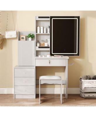  Vanity Desk Set with Lighted Mirror, 4 Drawers, 9 Storage Spaces & Stool, White