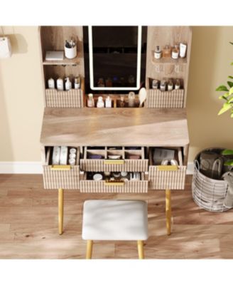 Streamdale 4-Drawer Vanity Desk with LED Mirror & Carved Details, Makeup Table with Stool