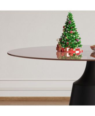 35" Round Mid-Century Modern Pedestal Dining Table with Black Glass Top
