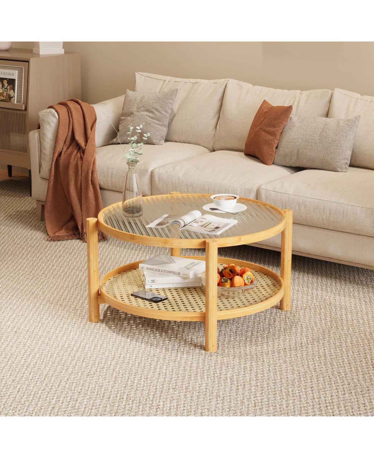 Streamdale Furniture Rattan Coffee Table with Glass Top and Storage Shelf, Modern Round