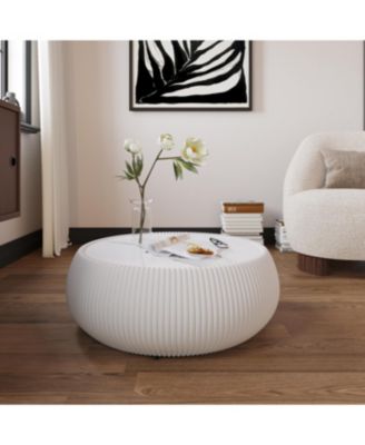  Light Marble Top Leather Drum Coffee Table for Living Room