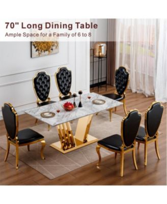 Marble Dining Table for 6, 70" Rectangle Faux Marble w/Mirrored Stainless Steel Base (Gold, Grey)