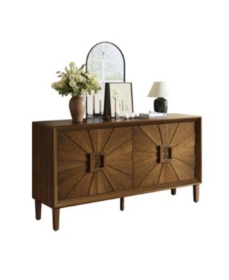 Streamdale Rustic Farmhouse Credenza - Sunburst Doors, Adjustable Shelves (Antique Brown