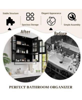  Bathroom Wall Cabinet, 3-Door Wooden Cabinet with Open/Hidden Storage, Black