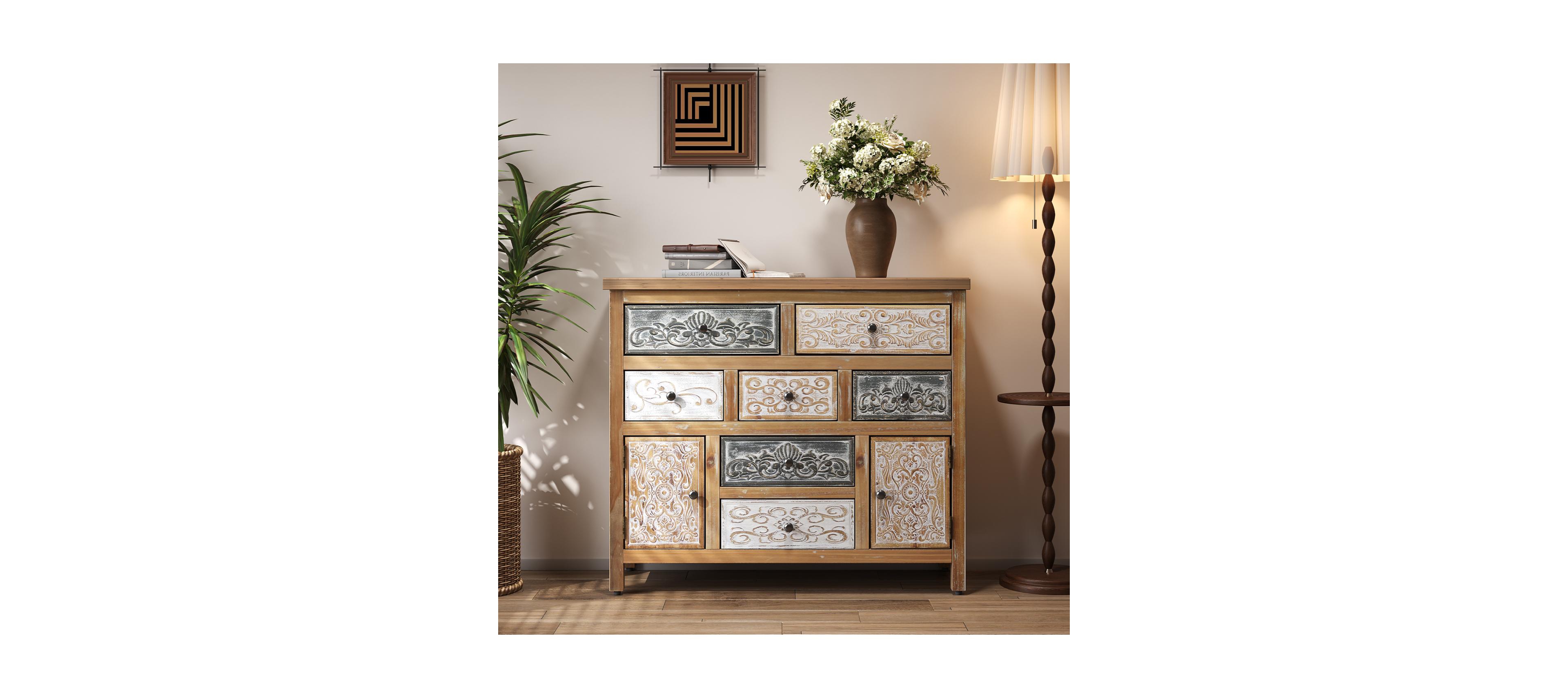 Streamdale Furniture Vintage Wooden Accent Chest with 7 Drawers & 2 Cabinets