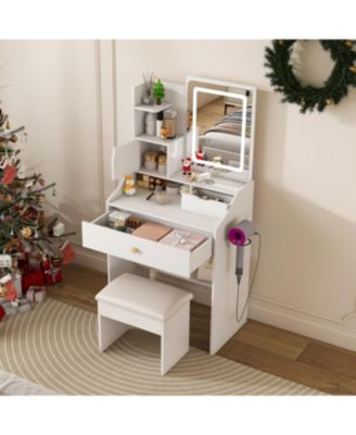 Streamdale 3-Color LED Vanity Mirror with Stool & Pink Dressing Table, 2 Drawers, 5 Cabinets