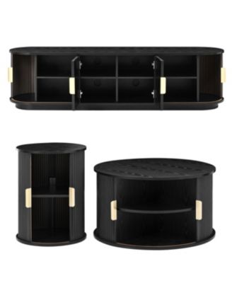 Streamdale Wooden TV Stand & Coffee Table Set with Fluted Doors, Golden Handles, Black