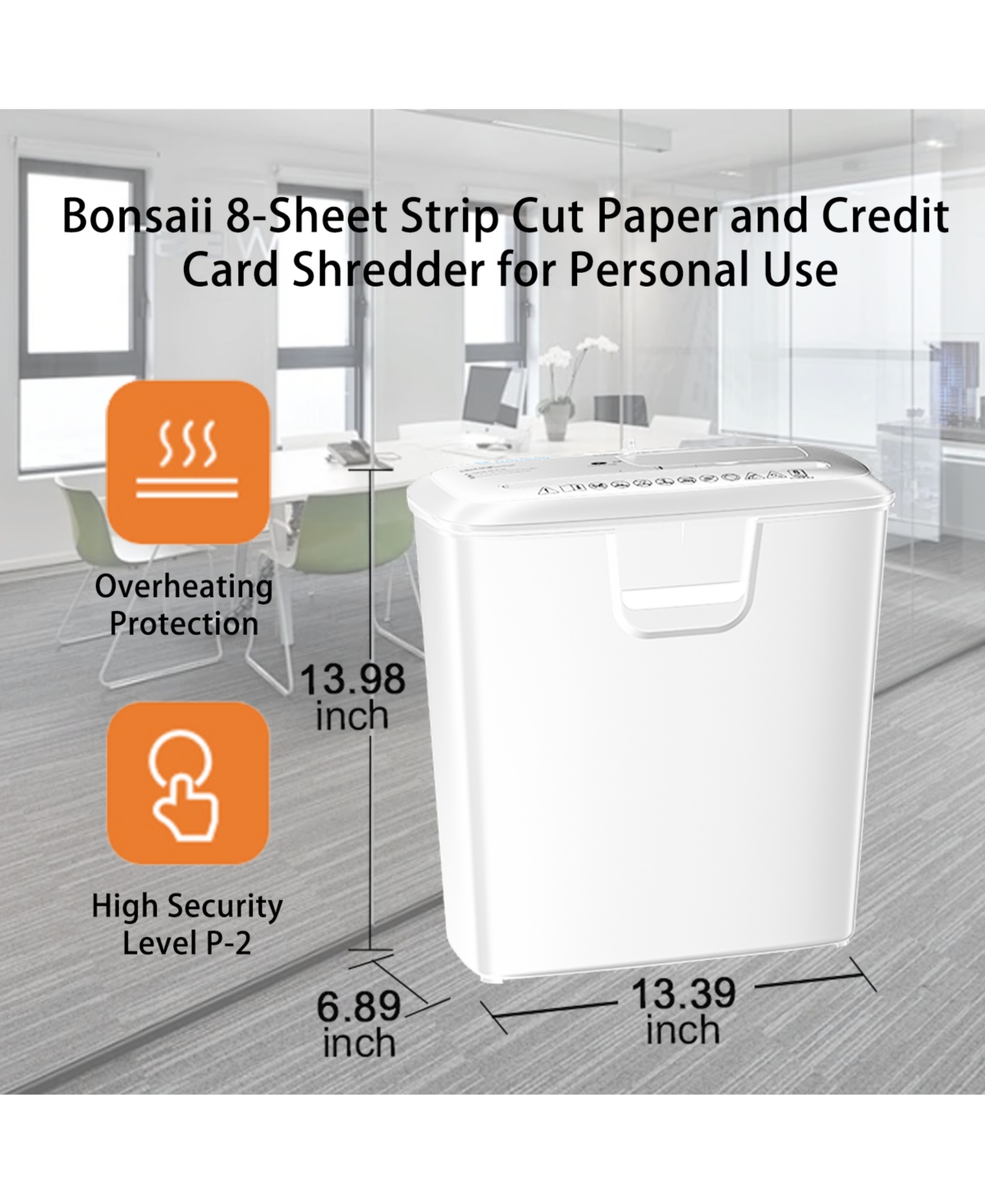 Bonsaii 8-Sheet Strip-Cut Shredder, High Security, Shreds Cd/Credit Card, 3.4 Gal Bin, Overheat Protection, Low Noise, Ideal for Home Office, White