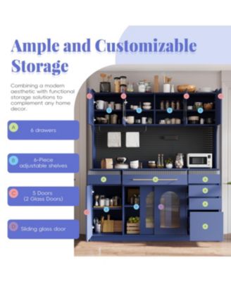  Freestanding 63" W Buffet with Hutch, Coffee Bar Storage Cabinet, Blue