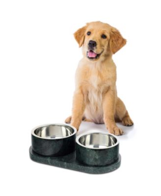 Marbre Small/Medium Modern Weighted Double Marble and Stainless Steel Bowl 12oz (1.5 Cups) Feeder with Non-Slip Marble Tray Set