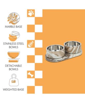 Marbre Small/Medium Modern Weighted Double Marble and Stainless Steel Bowl 12oz (1.5 Cups) Feeder with Non-Slip Marble Tray Set