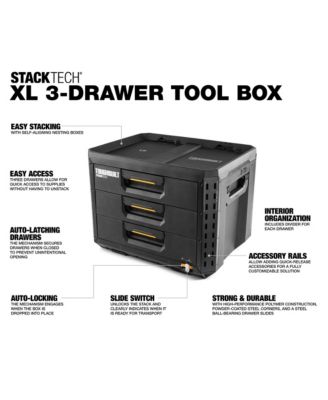 StackTech 3-Drawer Tool Box, Durable Plastic Storage Organizer, Black