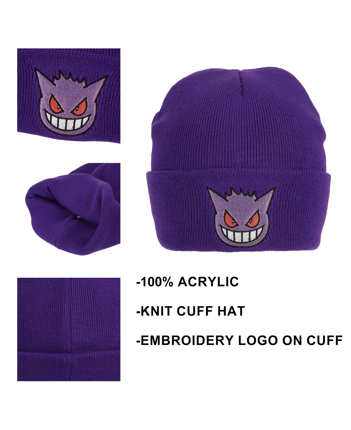 Pokemon Men's Gengar Face Embroidery Acrylic Knit Standard Cuff Beanie