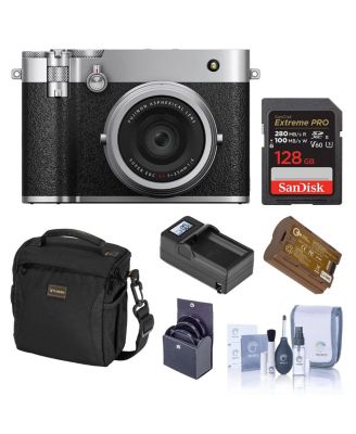 GFX100RF Digital Camera, Silver, Bundle with 128GB Memory Card, Shoulder Bag, Extra Battery, Smart Charger Base and Plate, 49mm Filter Kit
