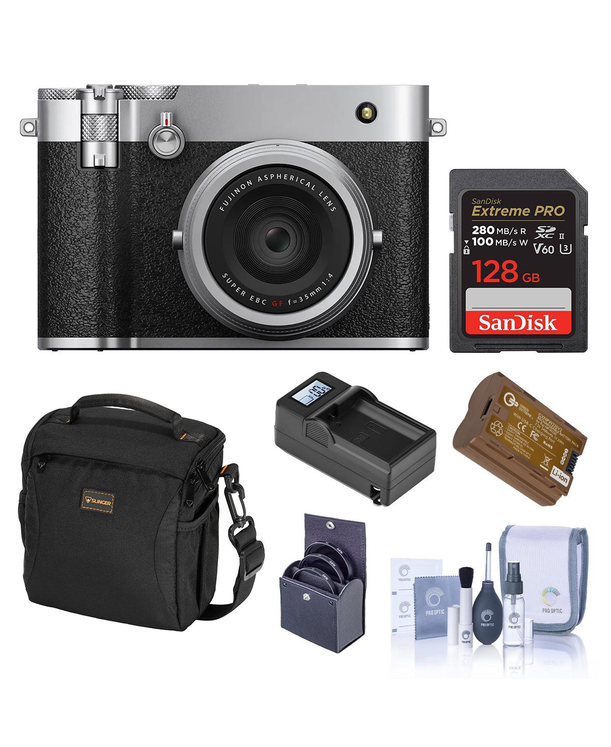 Fujifilm GFX100RF Digital Camera, Silver, Bundle with 128GB Memory Card, Shoulder Bag, Extra Battery, Smart Charger Base and Plate, 49mm Filter Kit