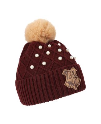 Men's Hogwarts Crest & Pearl Appliques Maroon Cuff Beanie