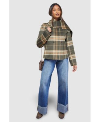 Women's Check Scarf Longline Jacket Coat