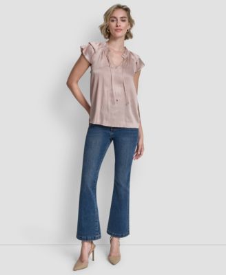 Women's Short-Sleeve Pleated Tie-Front Blouse
