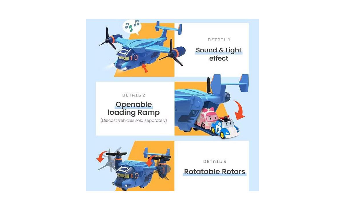 Robocar Poli Carey Carrier Transport Plane Toy – Sound & Light Airplane with Storage for up to 2 Die-Cast Cars | Fun Gift for Kids Ages 3+