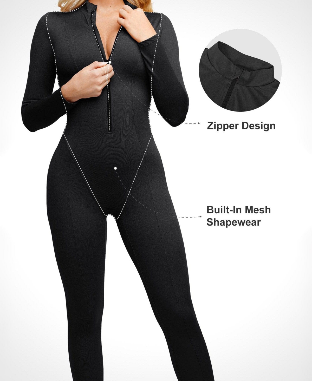 Popilush Women's Shapewear Long Sleeve Mock Neck Zip Front Sculpting Jumpsuit