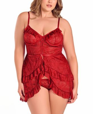 Plus Size Multi Ruffled Lace Babydoll Lingerie Set