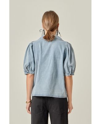 Women's Deep V-Neck Button Up Denim Shirt