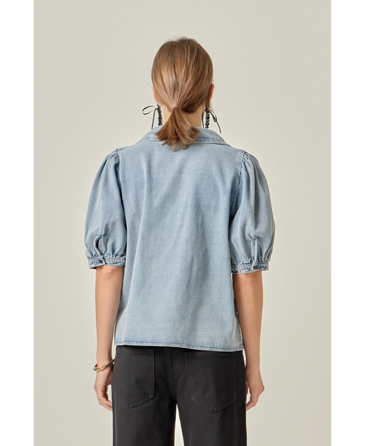 English Factory Women's Deep V-Neck Button Up Denim Shirt