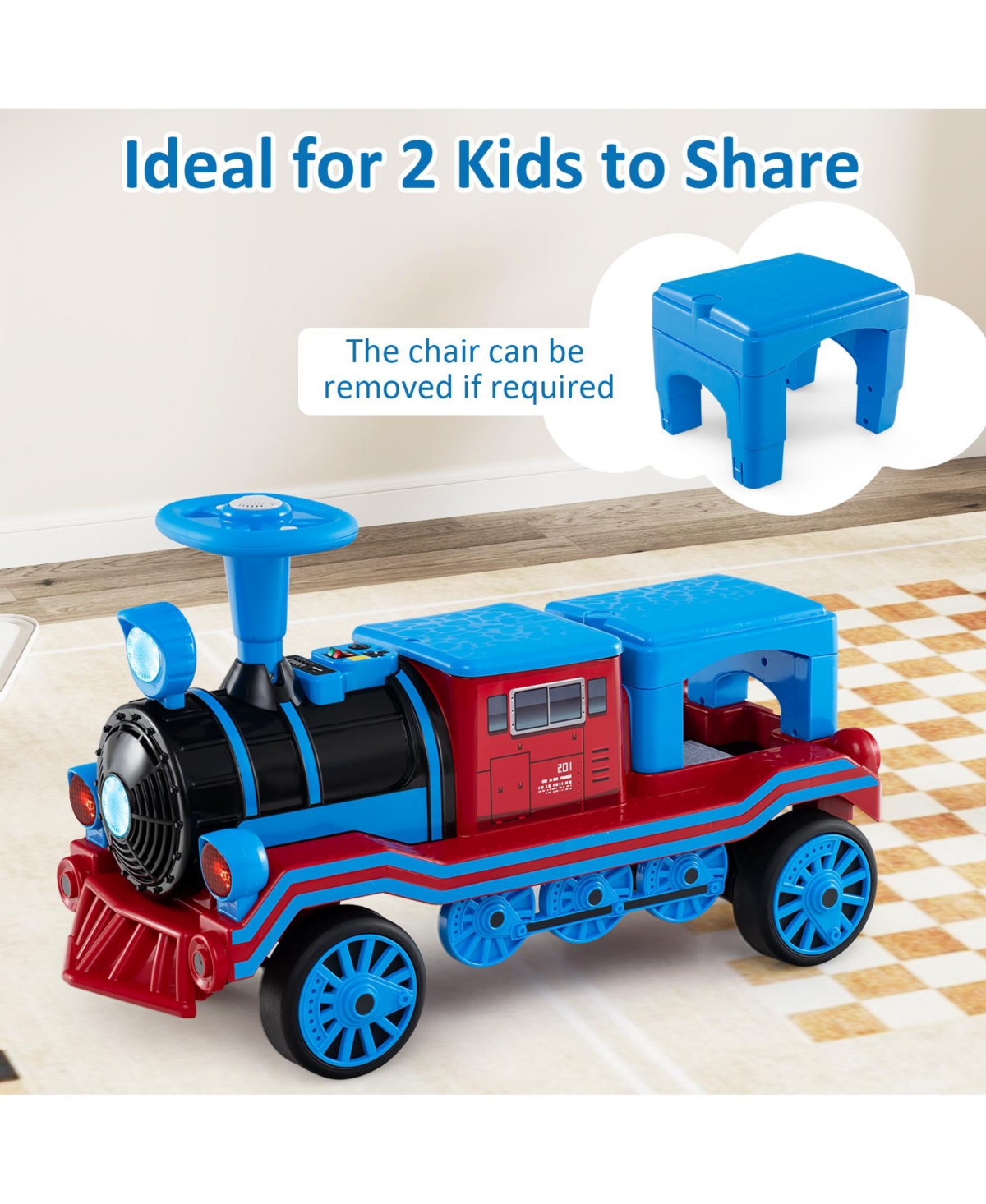 Hongge 12V Two-Seater Ride-On Train Toy with Whistle Sound and Detachable Seat - Blue