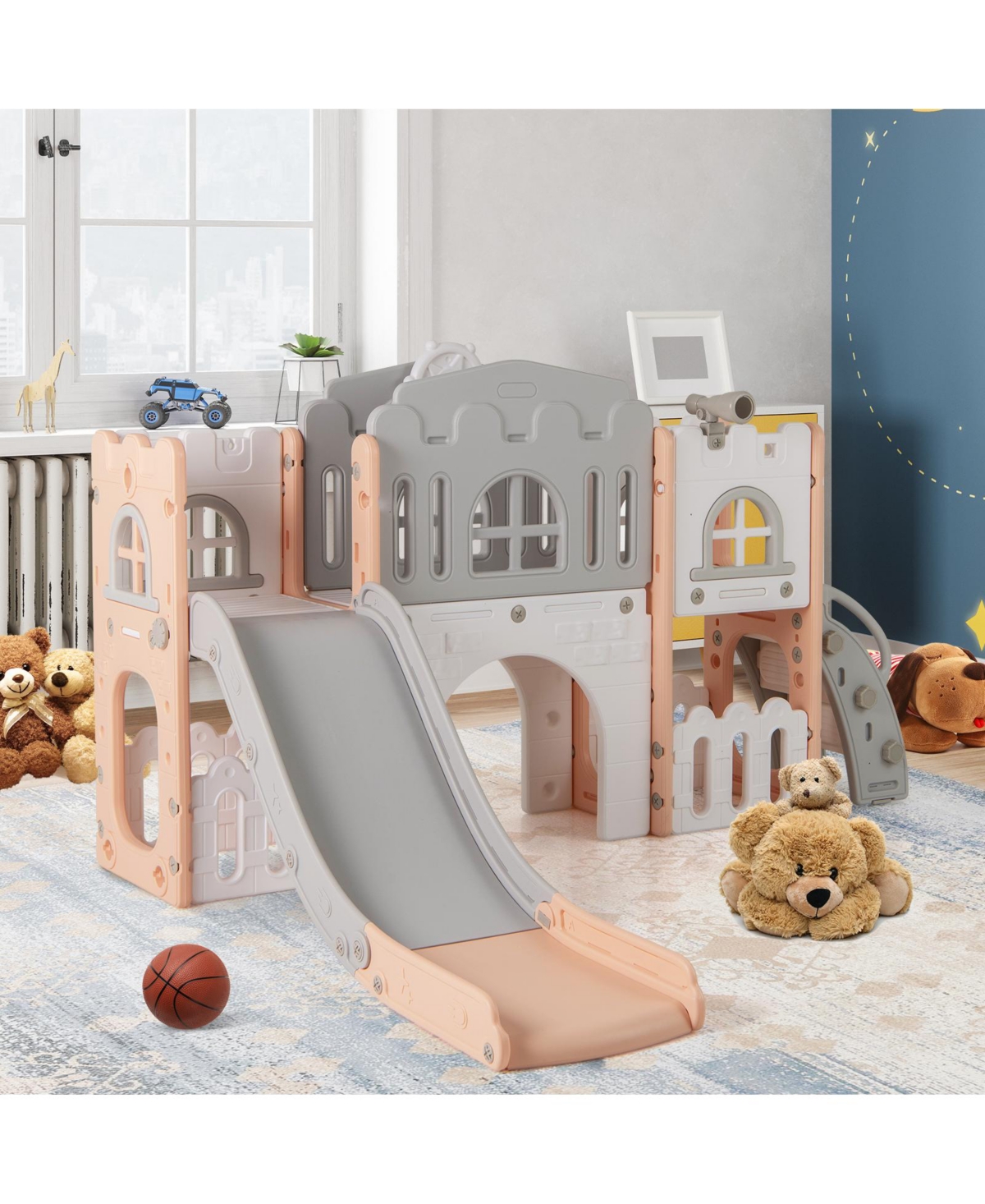 Hongge All-in-One Toddler Slide Playground with Tunnel, Ladder, and Basketball Hoop