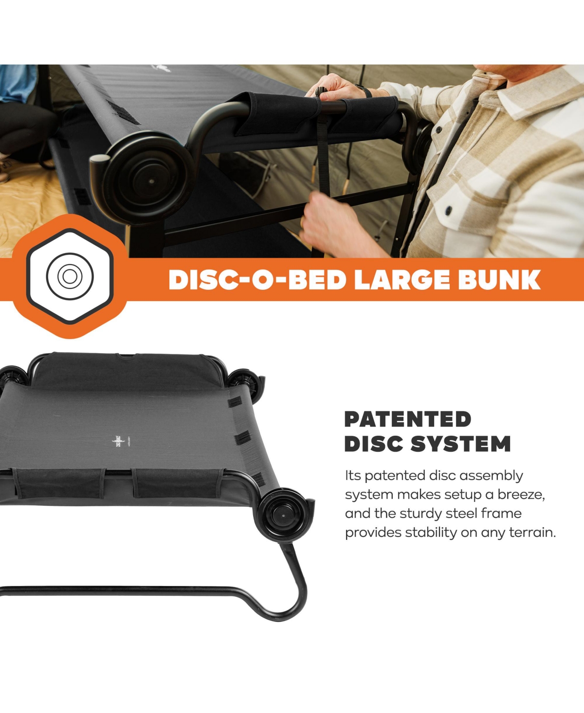 Disc-o-Bed Large Outdoor Convertible 2 Person Portable Camping Bunk Cots, Black
