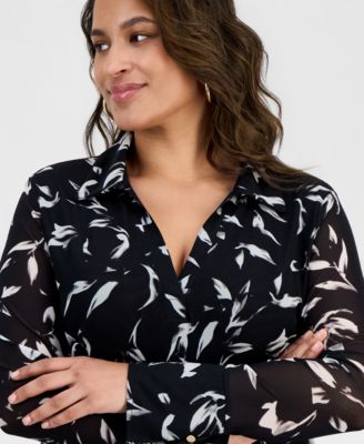 Plus Size Printed Johnny-Collar Top