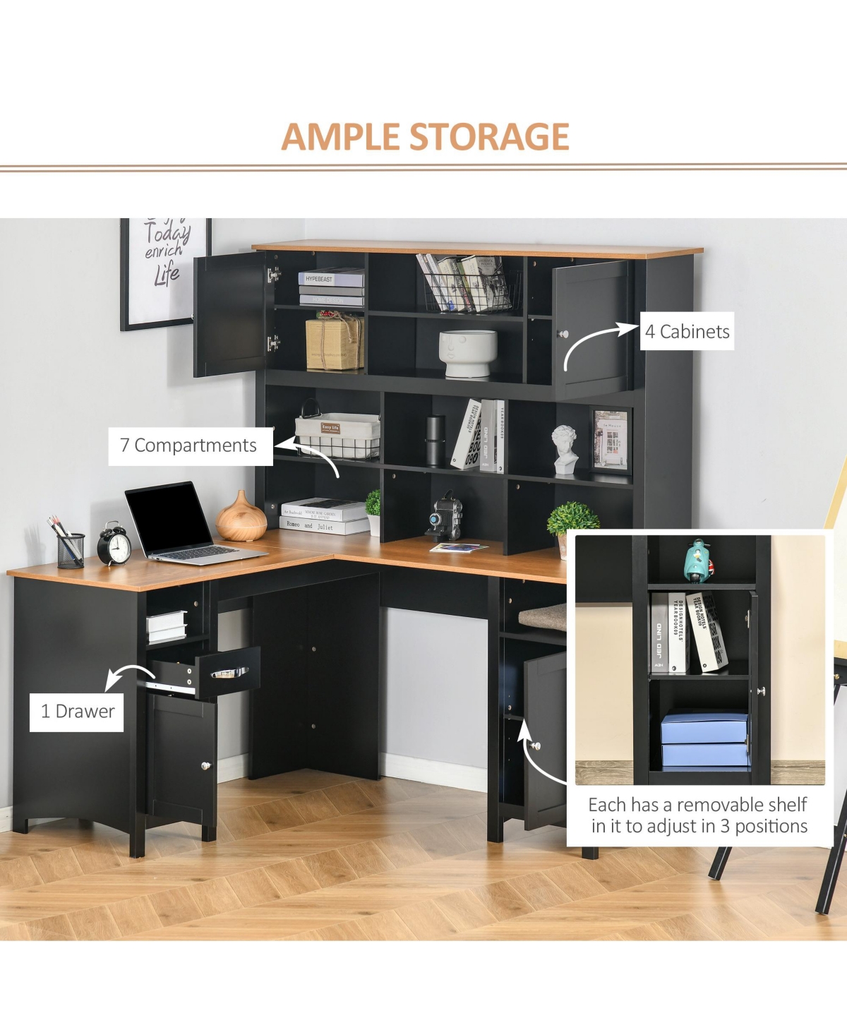 Homcom Minimalist L-Shaped Desk w/ Large Tabletop and Ample Storage Spaces