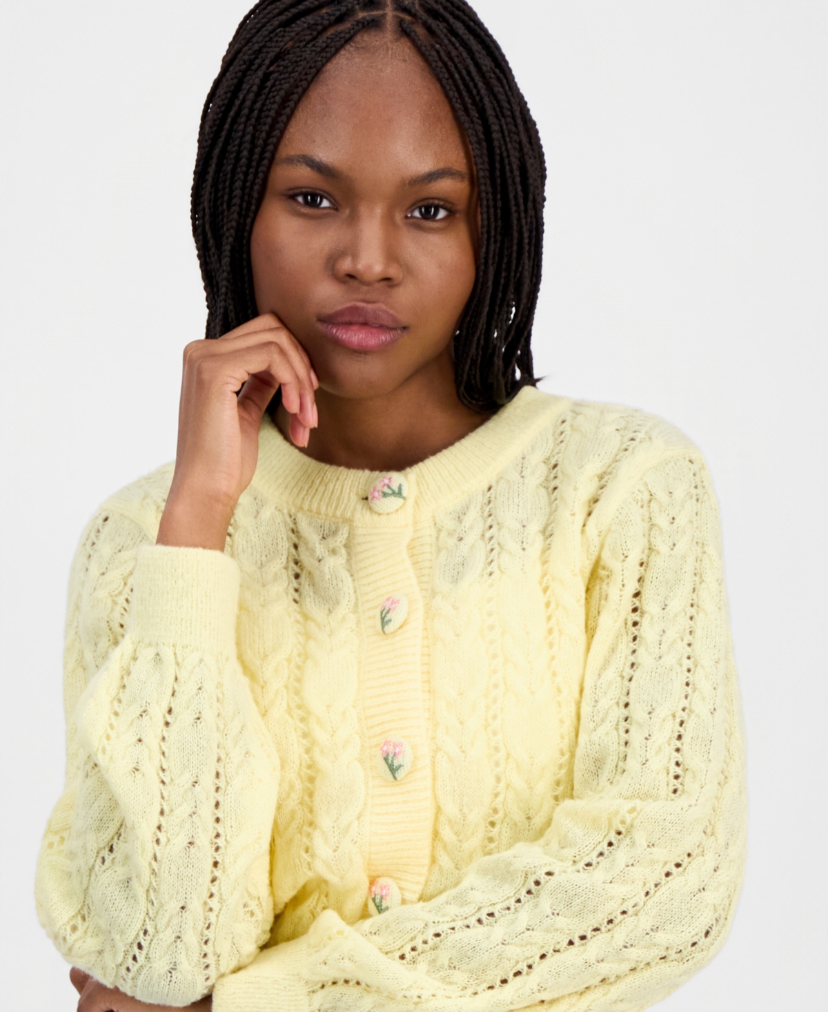 Freshman Juniors' Embroidered-Button Cable-Knit Cardigan