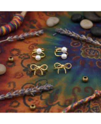 Set of 2 Dainty Ribbon Bow & Spiral Pearl Wrap Helix Cartilage Ear Cuff Earrings Gold Plated Sterling Silver