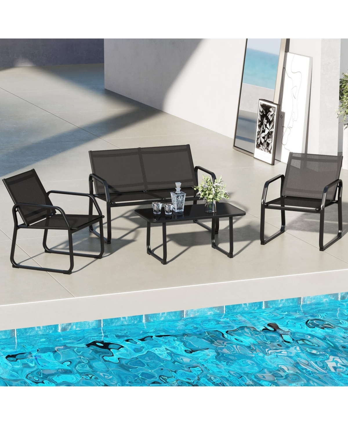 Slickblue 4 Pieces Patio Conversation Set with Breathable Fabric Seat