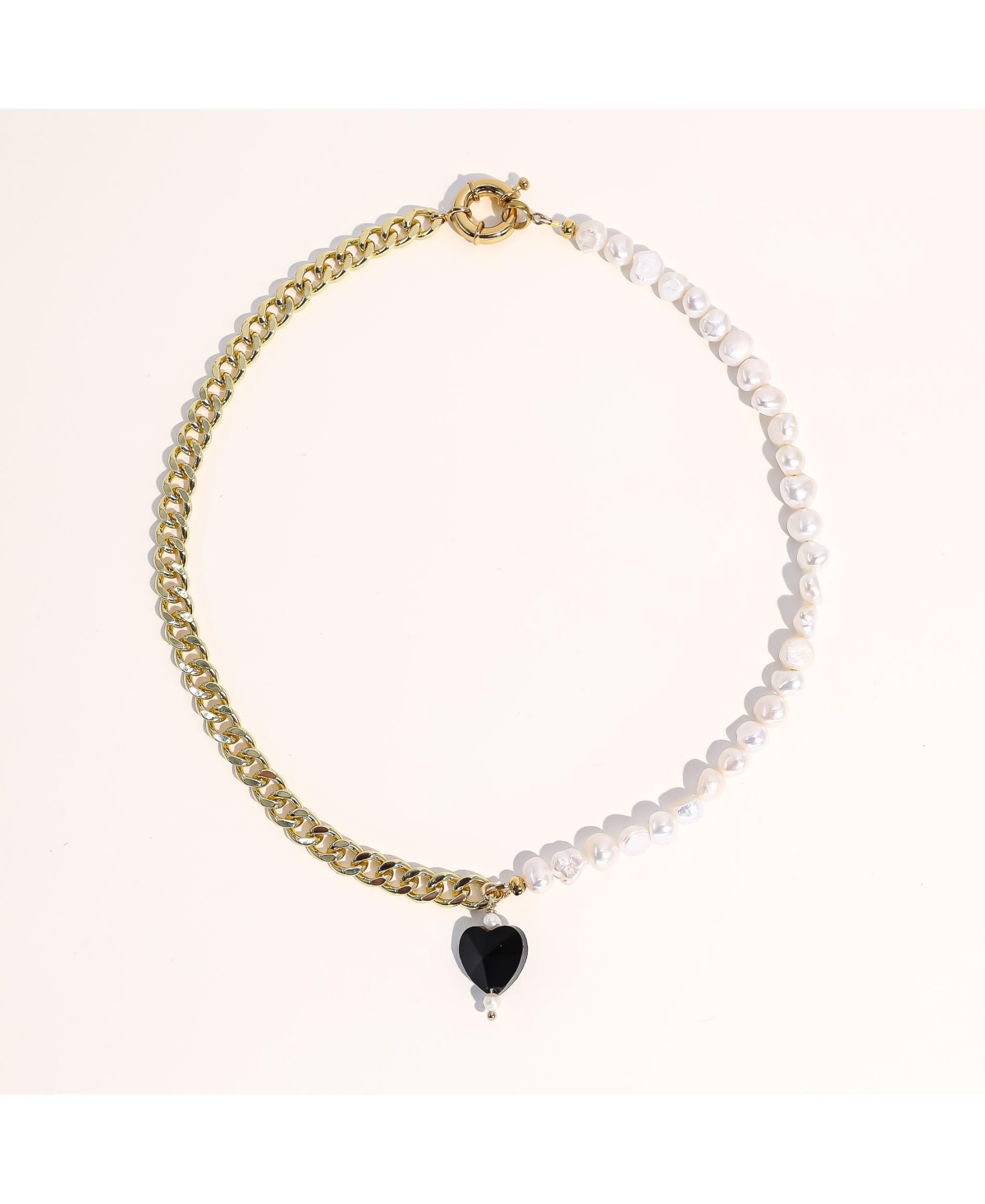 Joey Baby 18K Gold Plated Chain, Freshwater Pearls with Black Heart Charm - Kuro Necklace 17" For Women